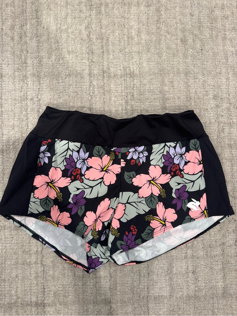 Women's rabbit Floral Athletic Shorts in Black with Pink & Purple Flowers